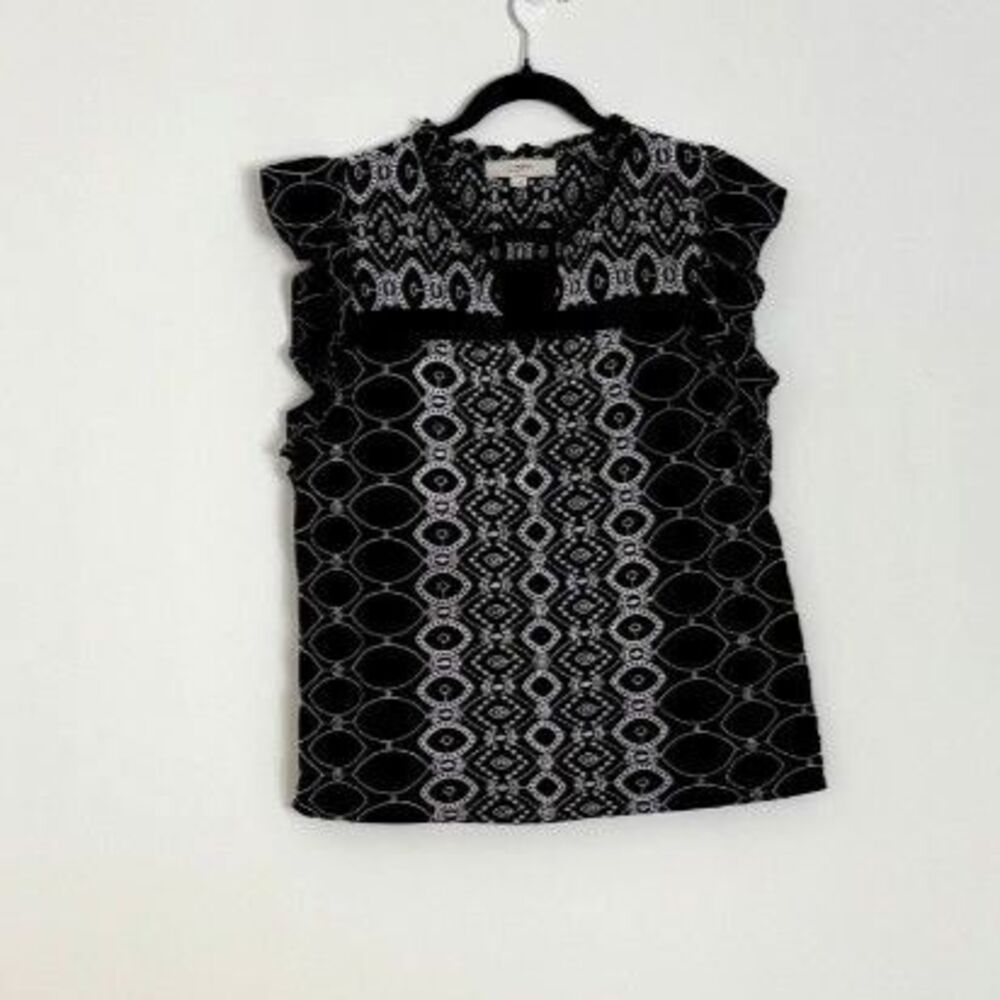 LOFT Black & White Embroidered Smocked Neck Top Layering Piece Medium